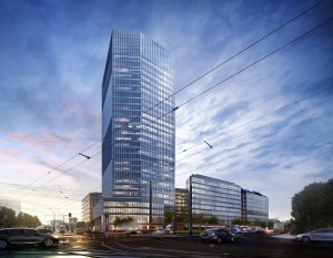 Dwa biurowce z kamieniami